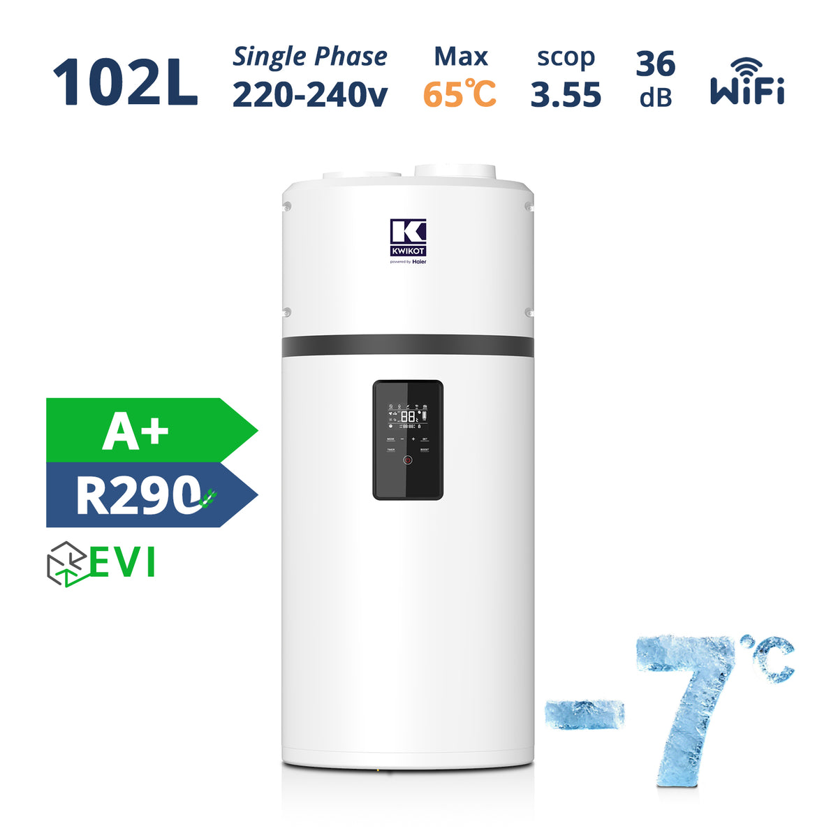Kwikot 102L Wall Mounted Heat Pump Water Heater | R290 A+ Energy Saving